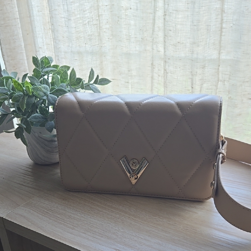 Valentino Orlandi Tan Quilted Crossbody Bag with Gold Hardware